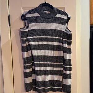 Striped Cold Shoulder Sweater - Black and White